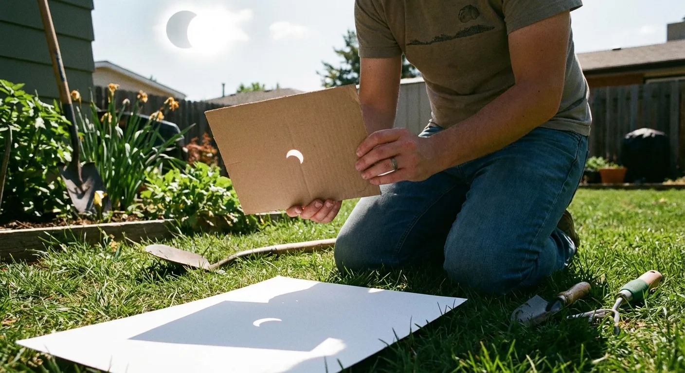 Homemade pinhole projector showing crescent sun image during partial eclipse