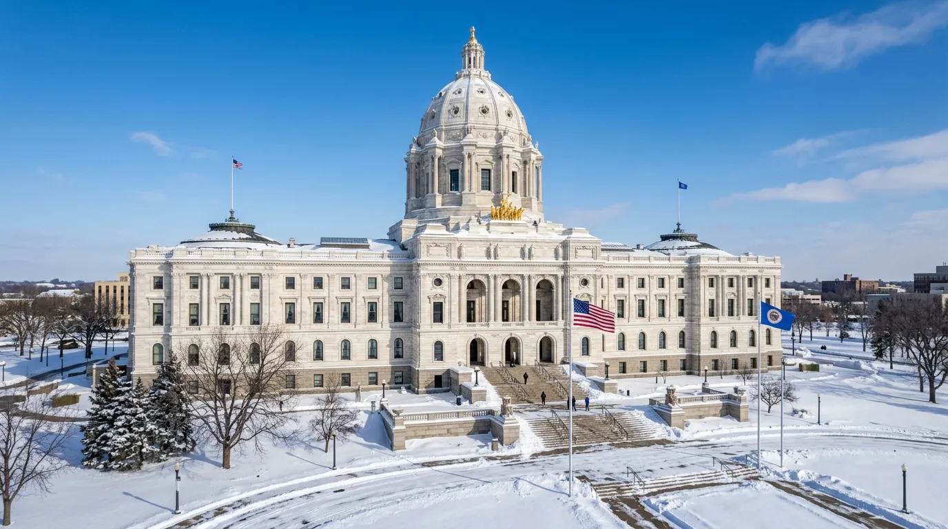 Minnesota State Capitol building in St Paul with snow on the ground during winter