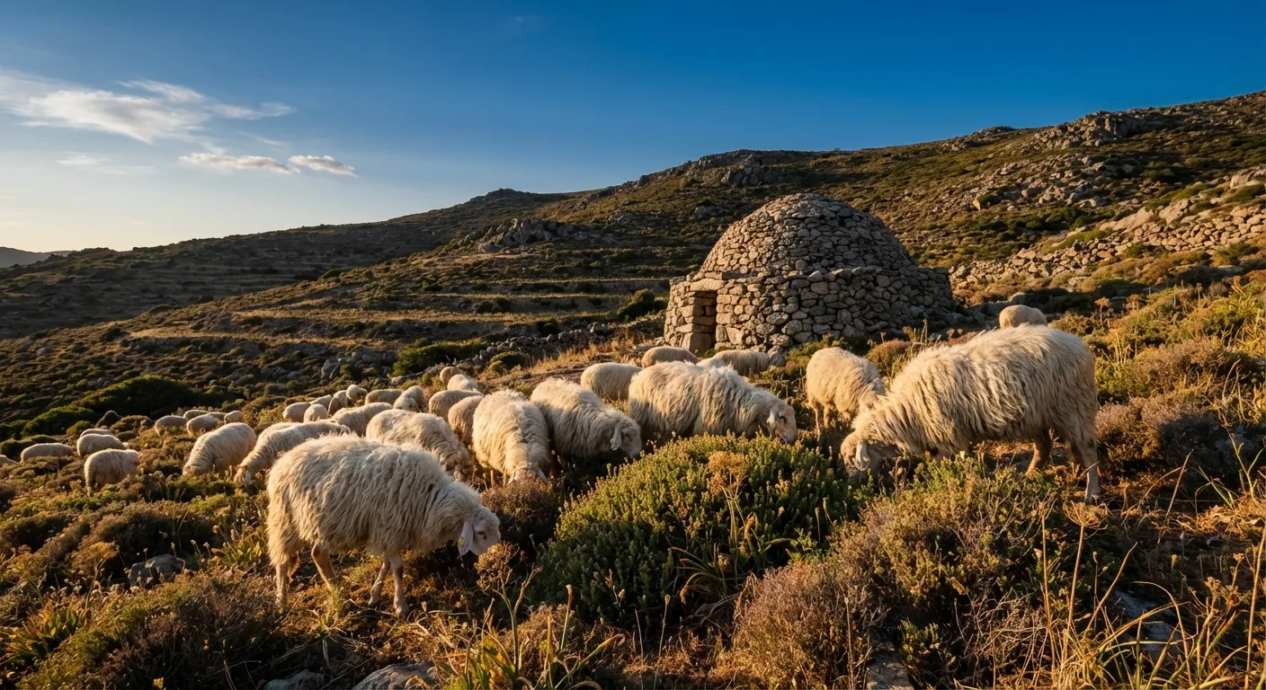 Traditional Sardinian sheep grazing on hillside pasture, source of C15:0-rich dairy