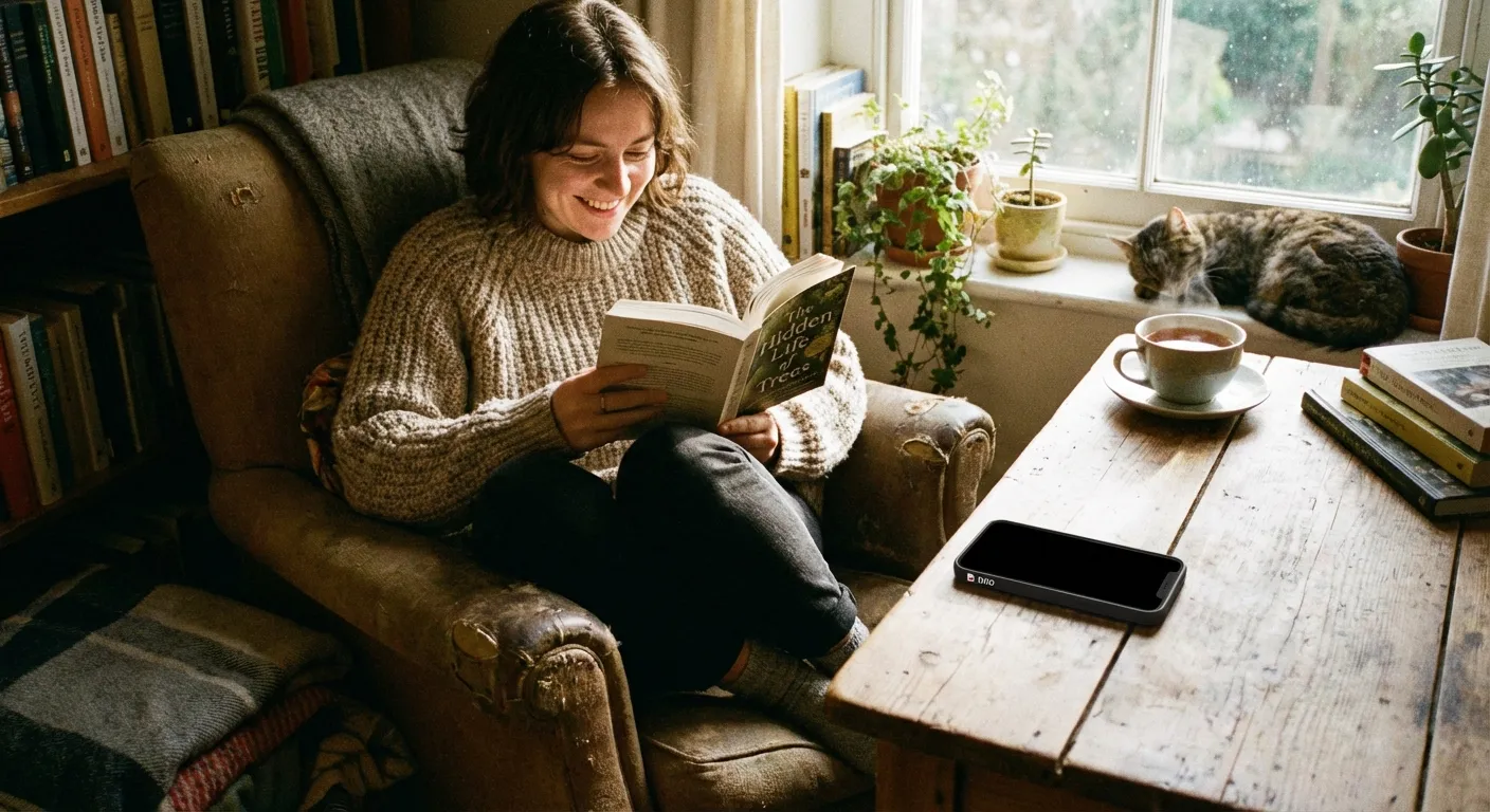 Person peacefully reading book while phone sits turned off nearby