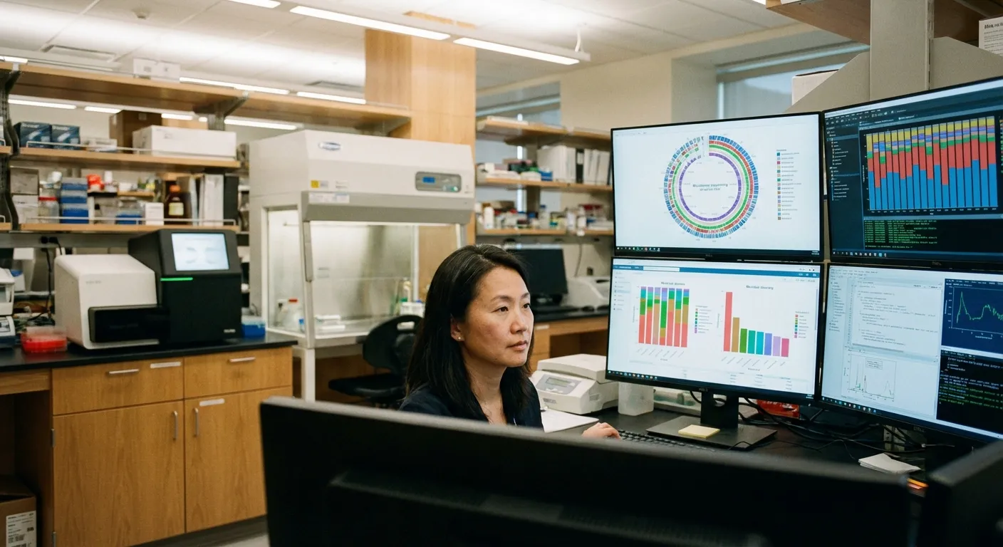 Scientist analyzing microbiome data in a laboratory setting with computer screens showing bacterial analysis