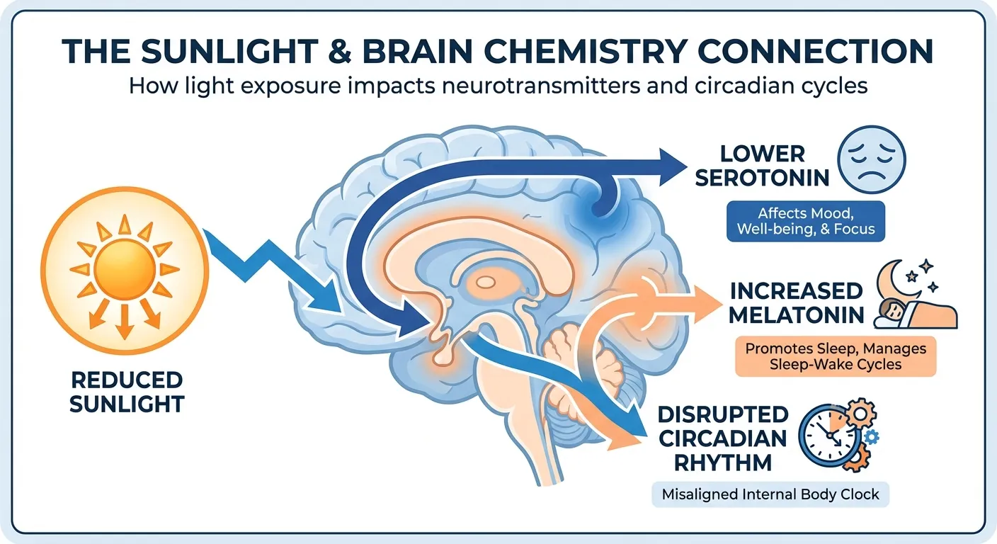 Diagram showing how reduced sunlight affects brain chemistry