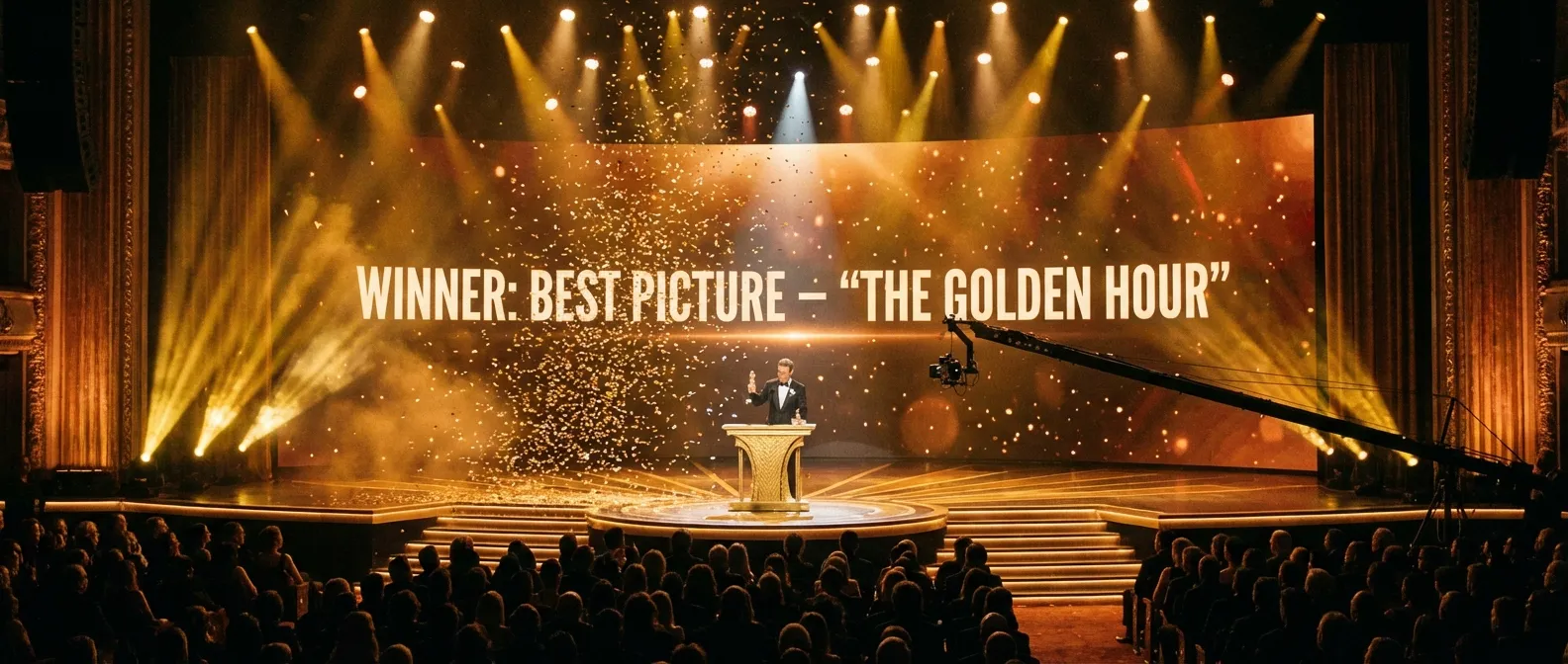 Awards show stage with winner accepting Golden Globe at podium