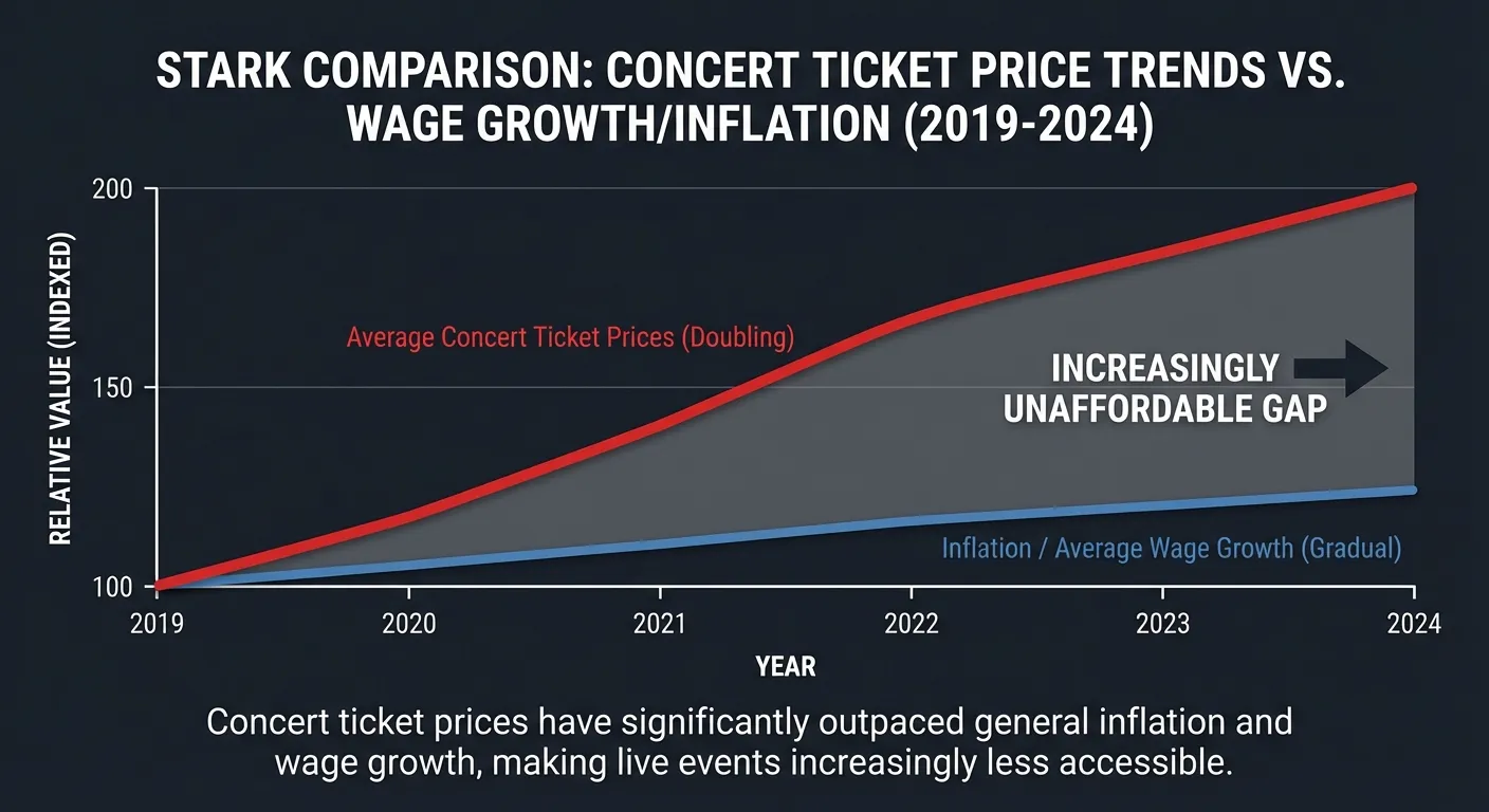 Graph showing concert ticket price increases far outpacing inflation since 2019
