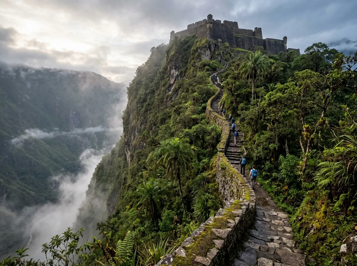 A narrow winding stone path leading up a steep green mountainside toward a large fortress