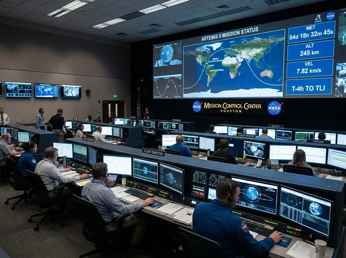Mission control room with flight controllers monitoring screens during Artemis II orbital operations