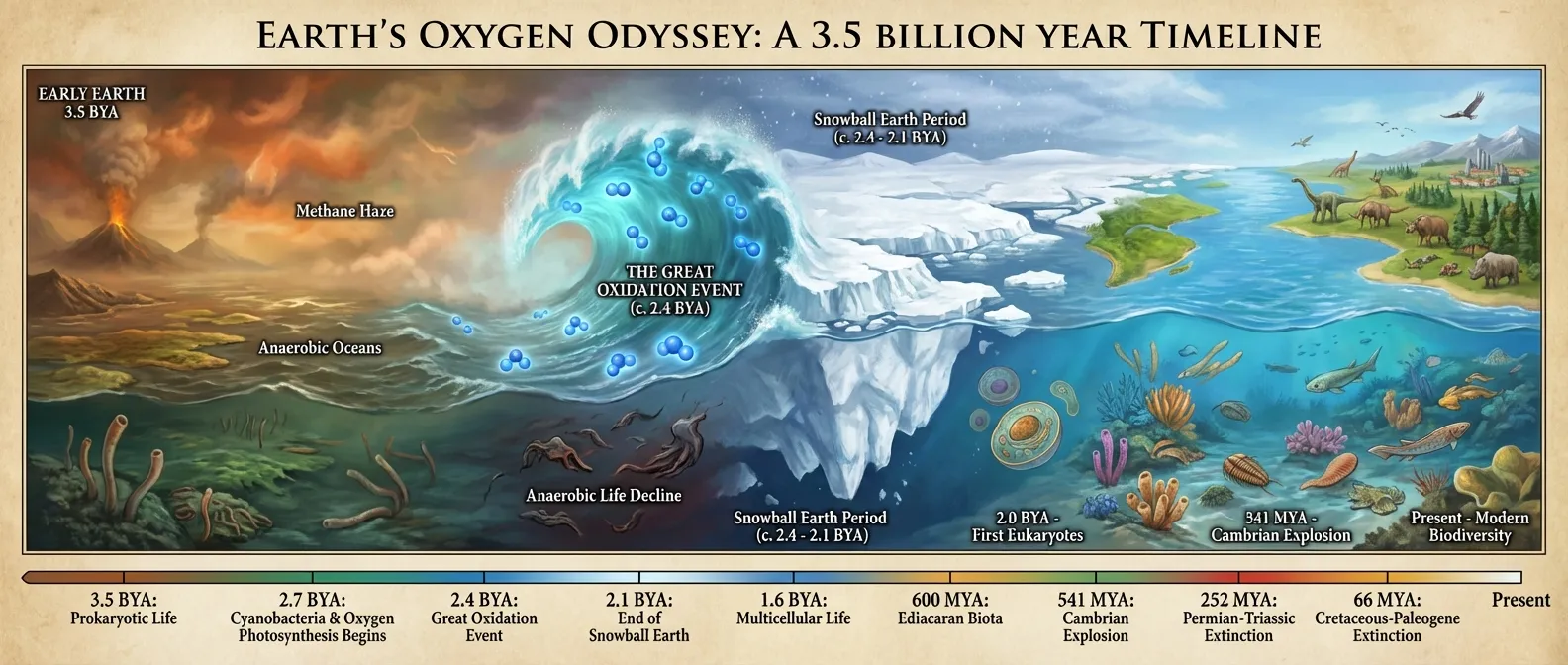 Timeline showing Earth's transformation from anoxic world through oxygen crisis to complex life