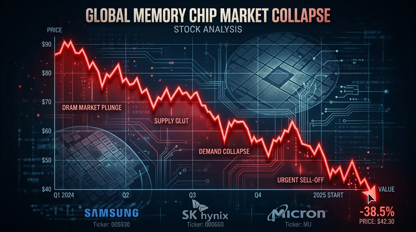 A stock market chart showing a sharp decline overlaid with circuit board and memory chip imagery