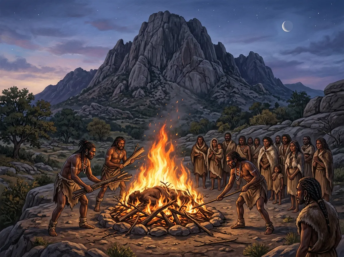 Illustration of a Stone Age cremation ceremony at the base of Mount Hora