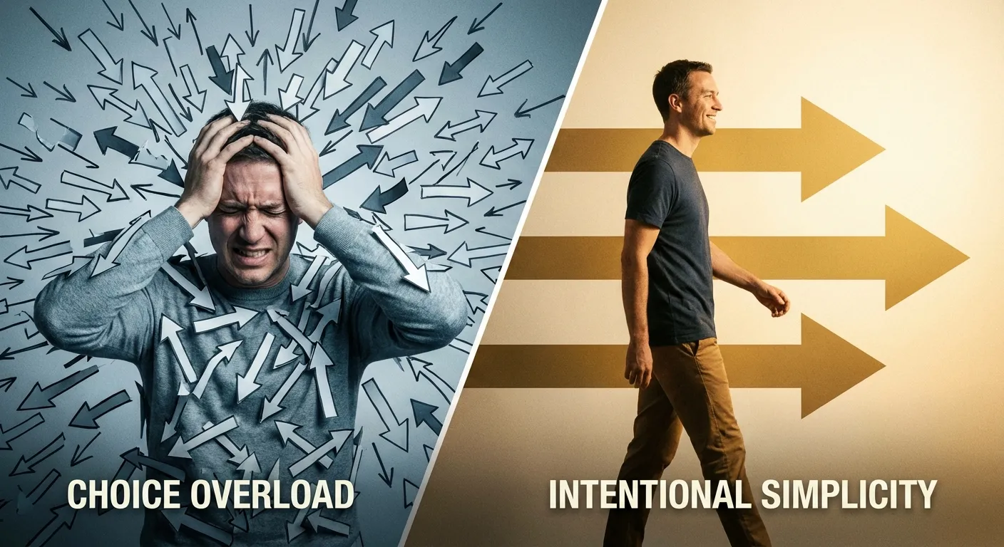 Person overwhelmed by countless arrows pointing in different directions representing decision overload