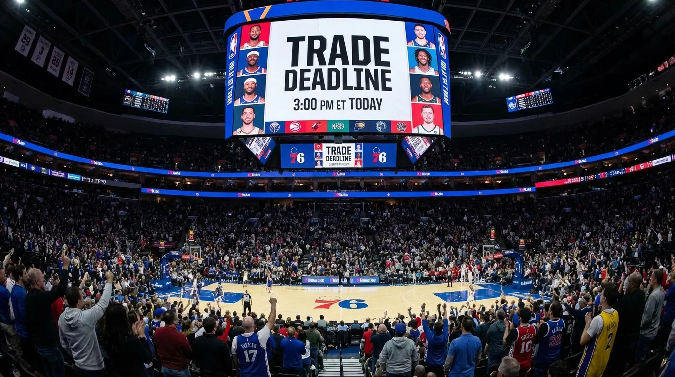 NBA arena jumbotron showing trade deadline countdown clock with team logos