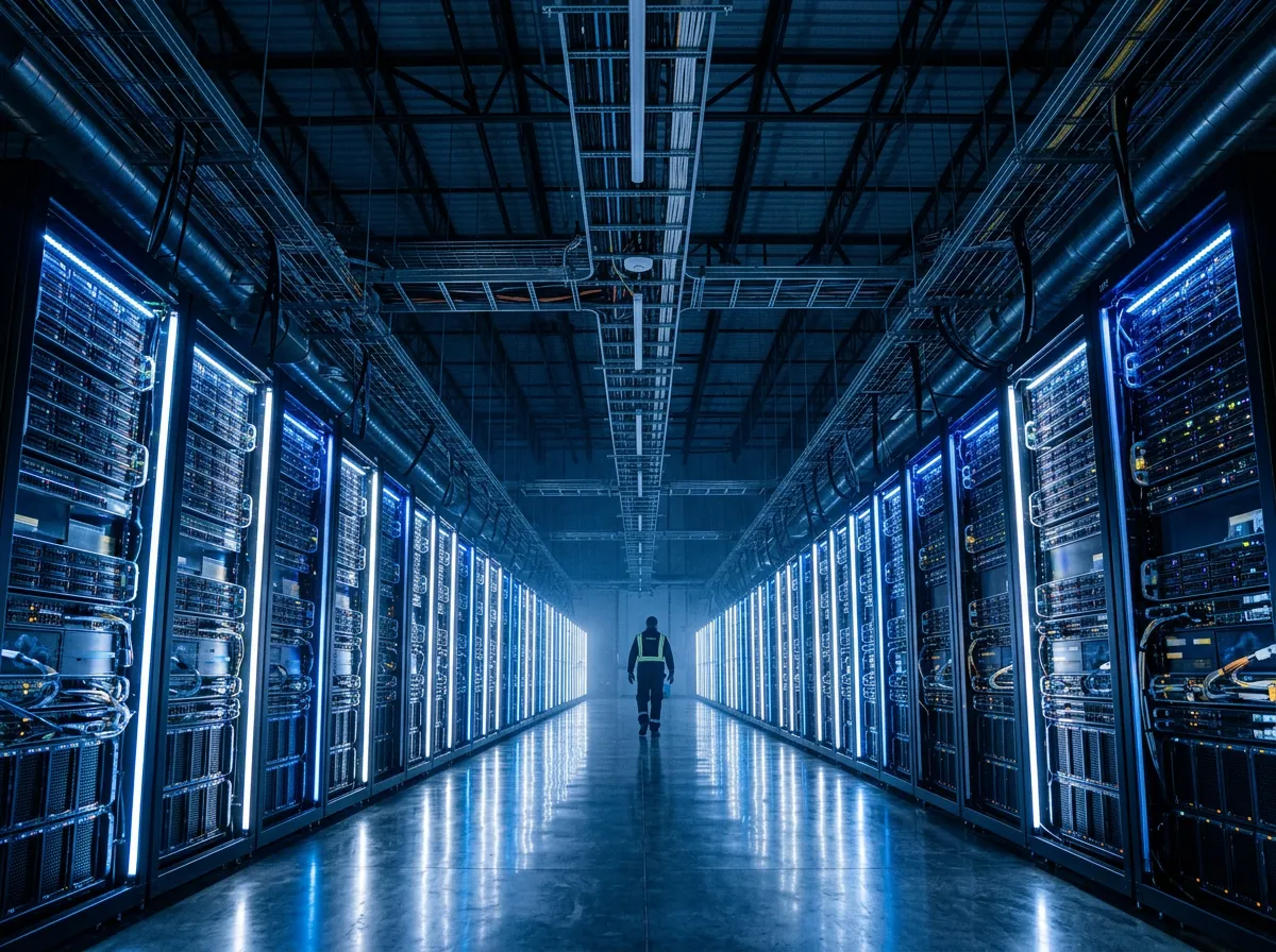 Rows of server racks in a modern data center with blue LED lighting