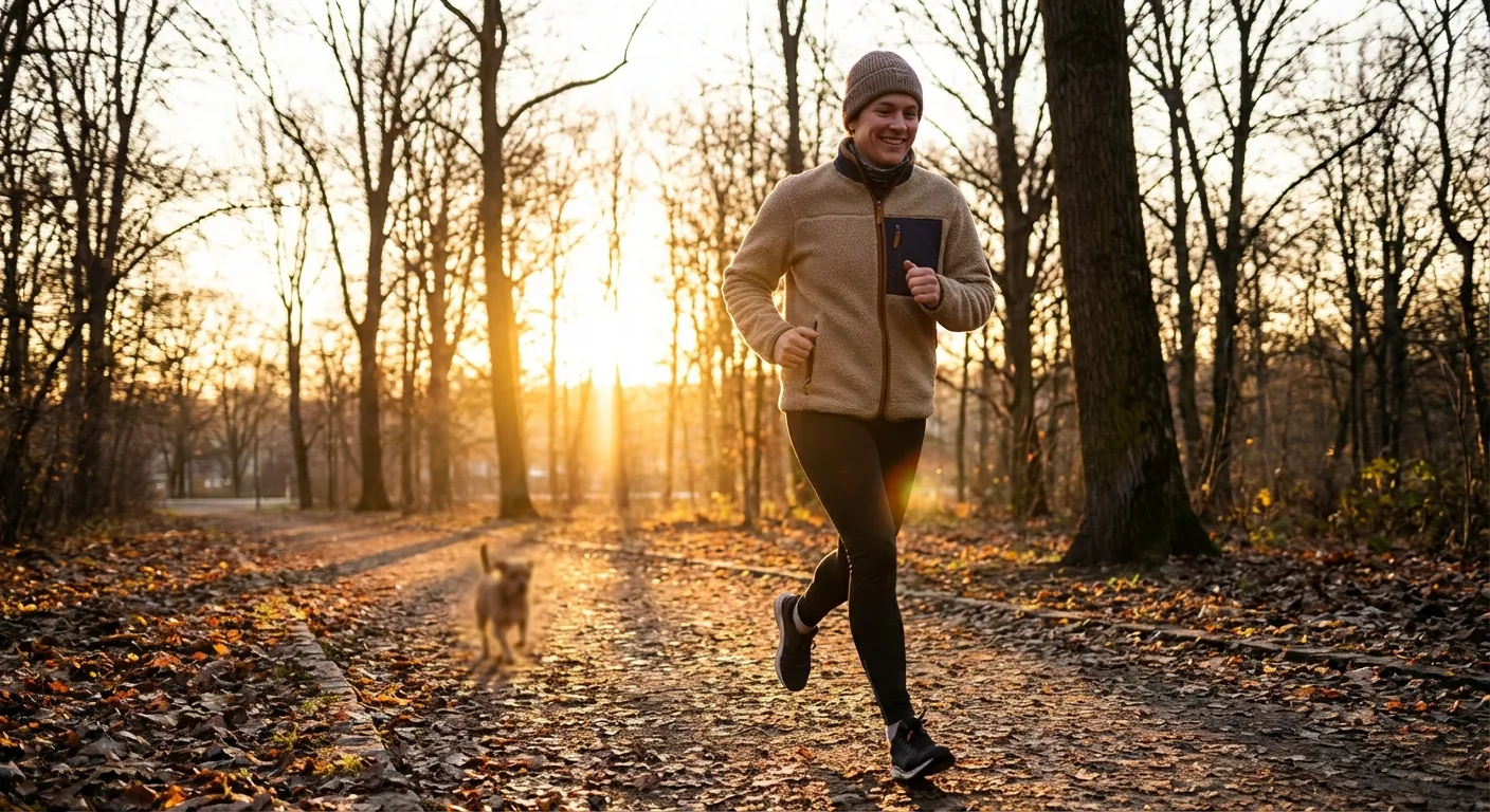 Person exercising outdoors in morning sunlight for combined light and movement benefits
