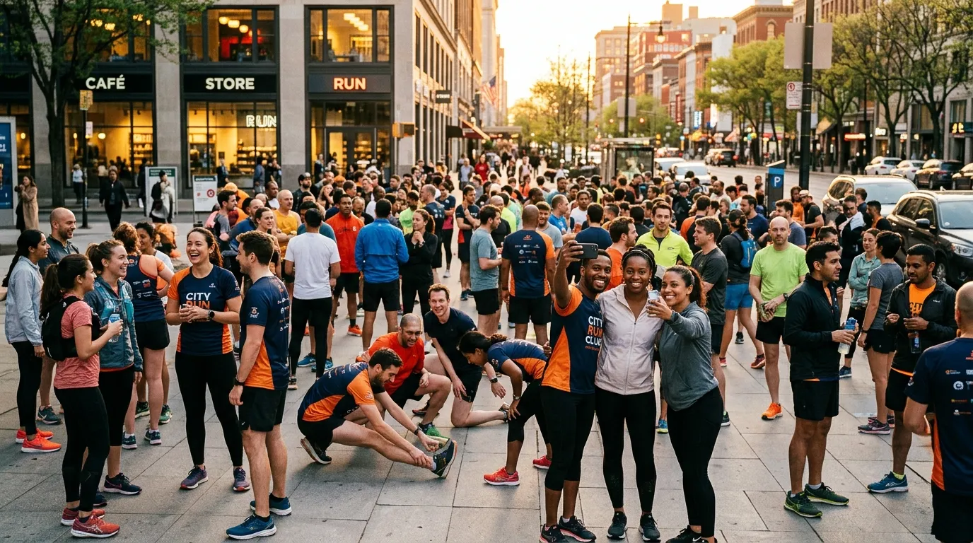 A large group of runners in colorful athletic wear gathering at dusk on an urban street before a run