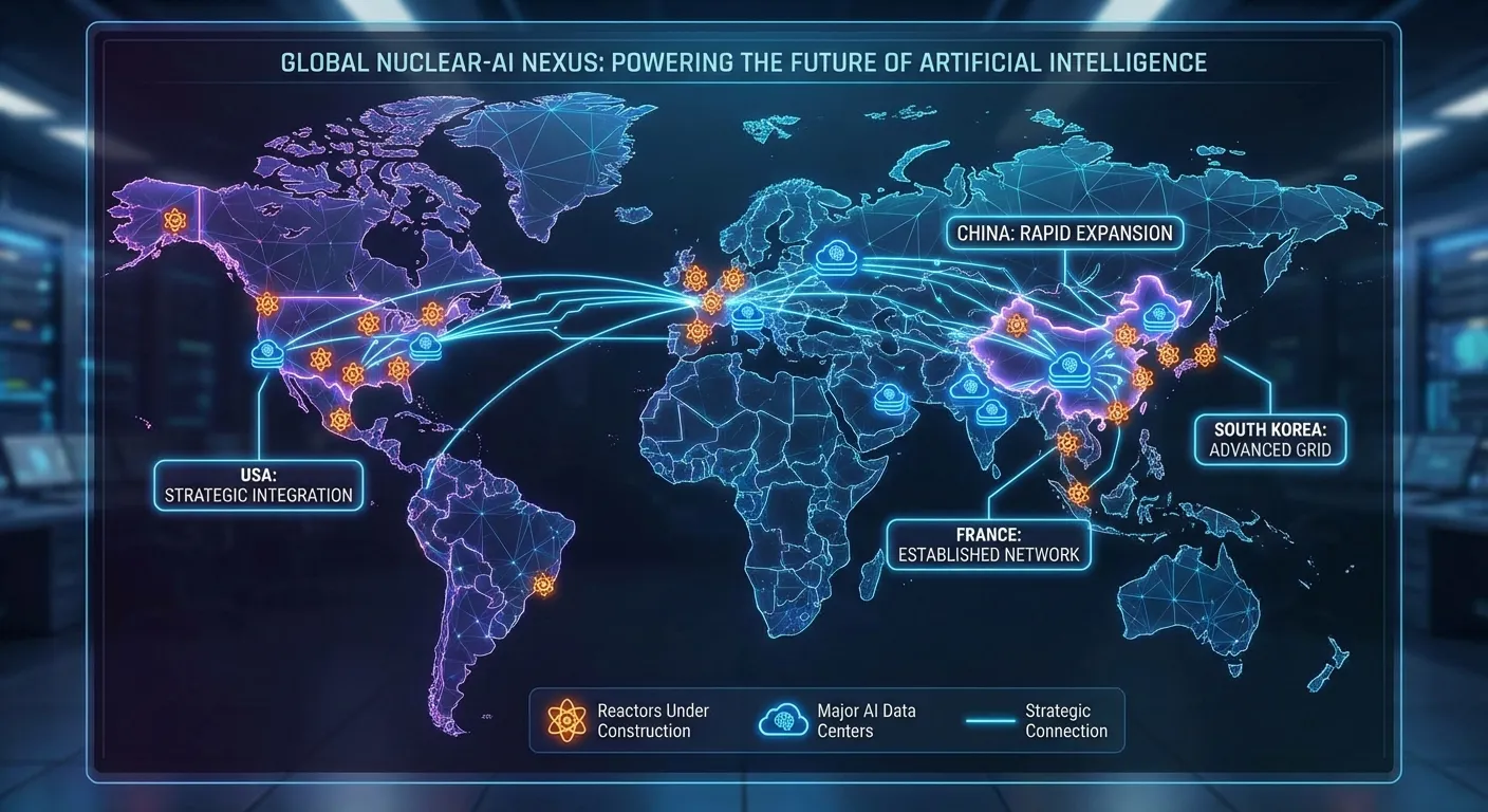 World map showing nuclear reactor construction and AI development hubs