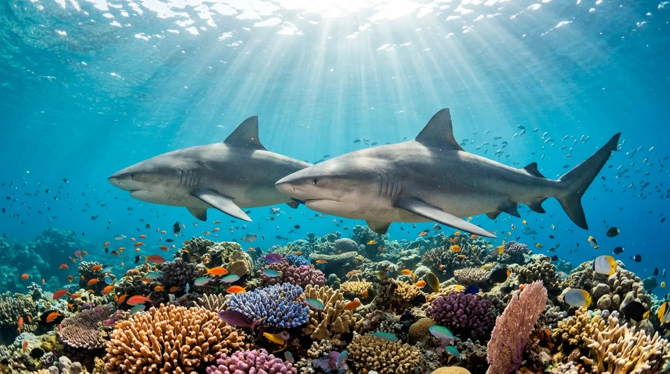 Two bull sharks swimming close together in clear tropical water near a coral reef