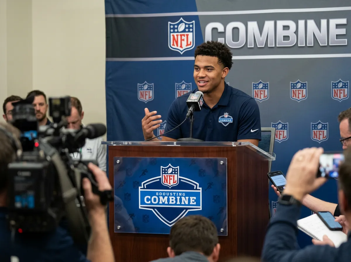 Quarterback prospect in combine jersey speaking at press conference podium