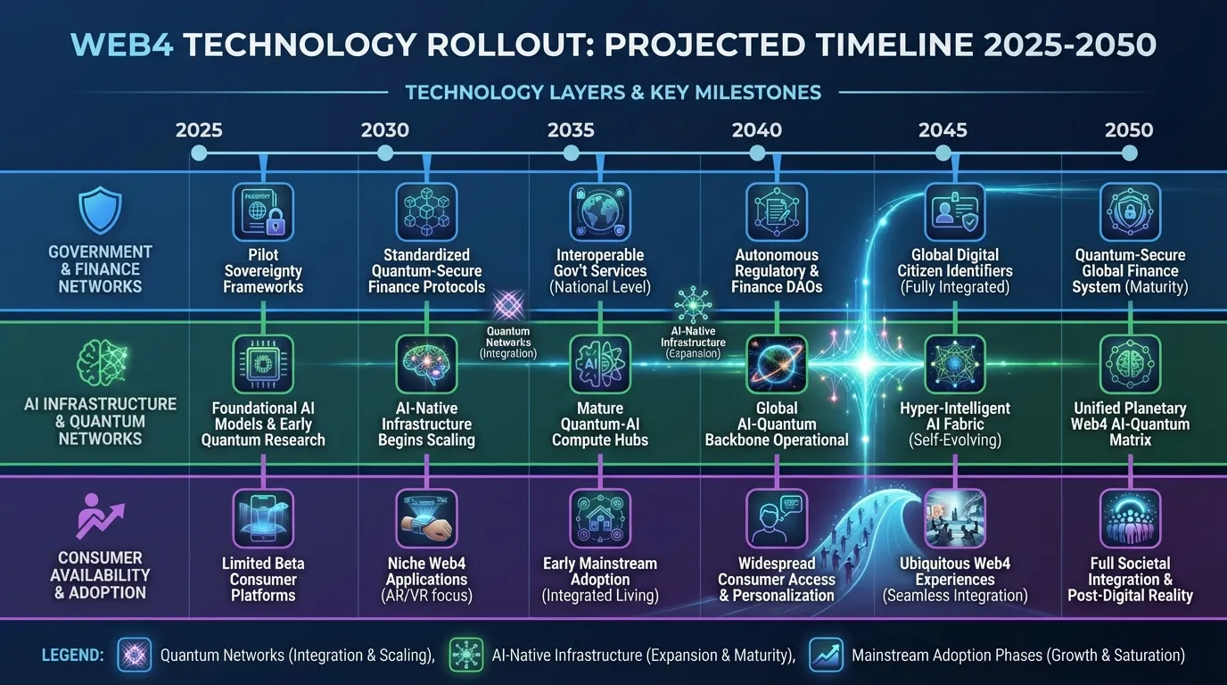 Timeline infographic showing Web4 development phases from 2025 to 2050