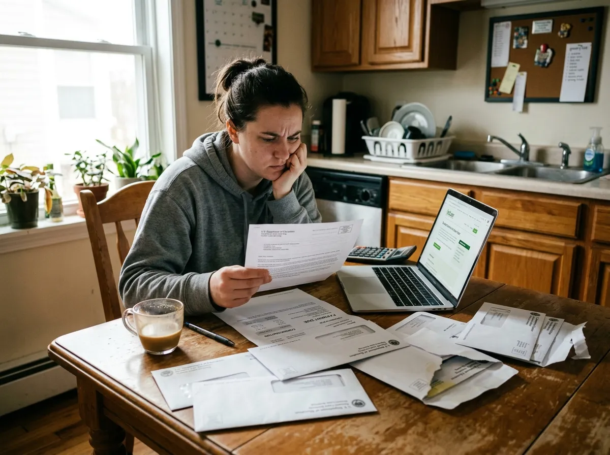 A student reviewing financial documents at a desk with a laptop open