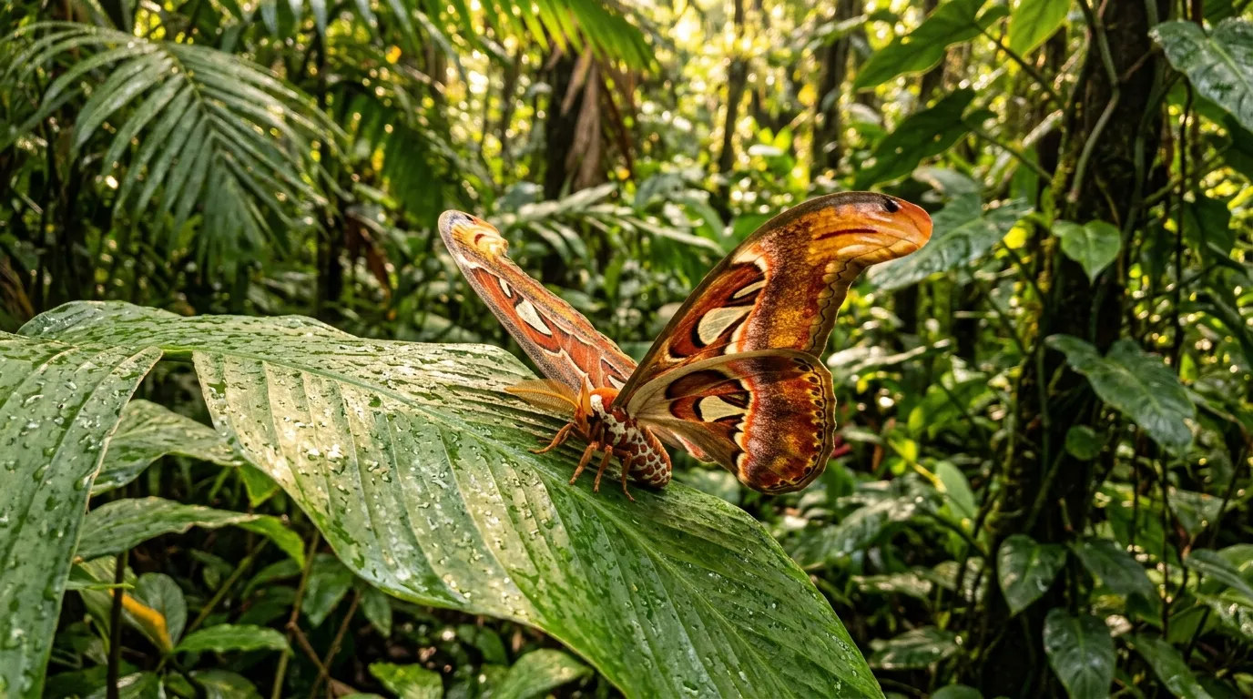 A tropical moth resting on a rainforest leaf with sunlight filtering through the canopy above