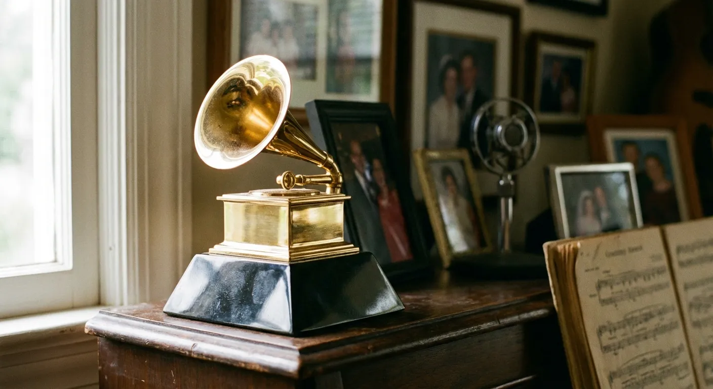 Close-up of a golden Grammy Award trophy on a display shelf
