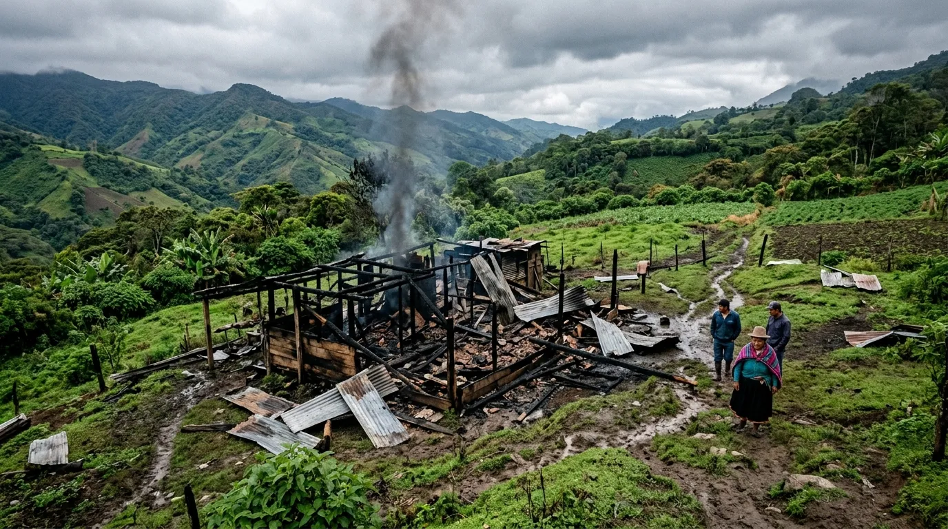 Charred remains of a rural farm in Ecuador's northern highlands with burned structures and scattered debris