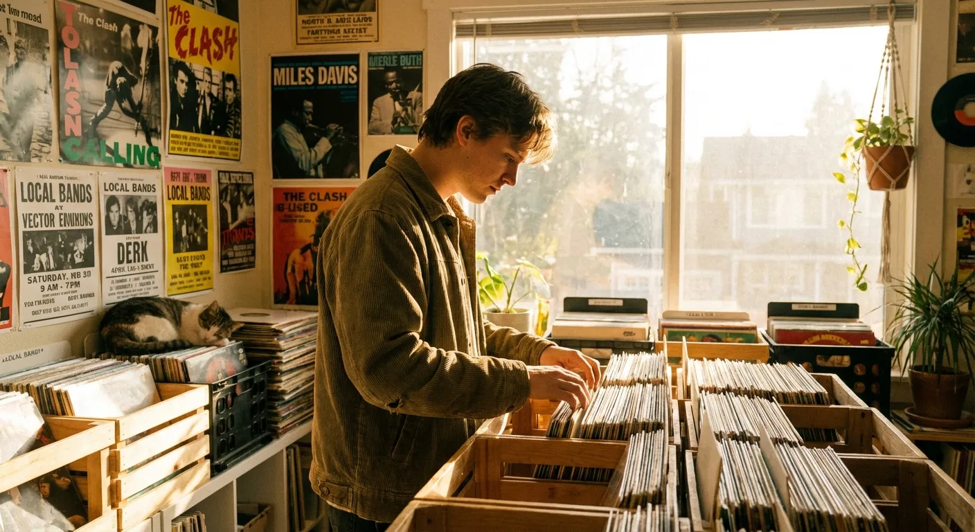 Young person browsing vinyl records in sunlit record shop