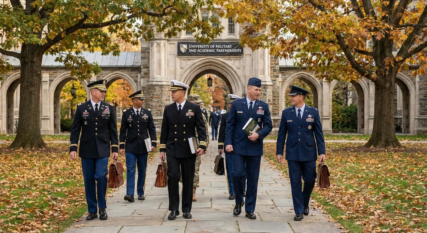 Military officers in uniform walking through a university campus setting