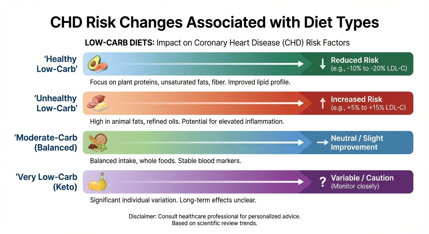 Infographic showing CHD risk changes for healthy versus unhealthy versions of low-carb and low-fat diets