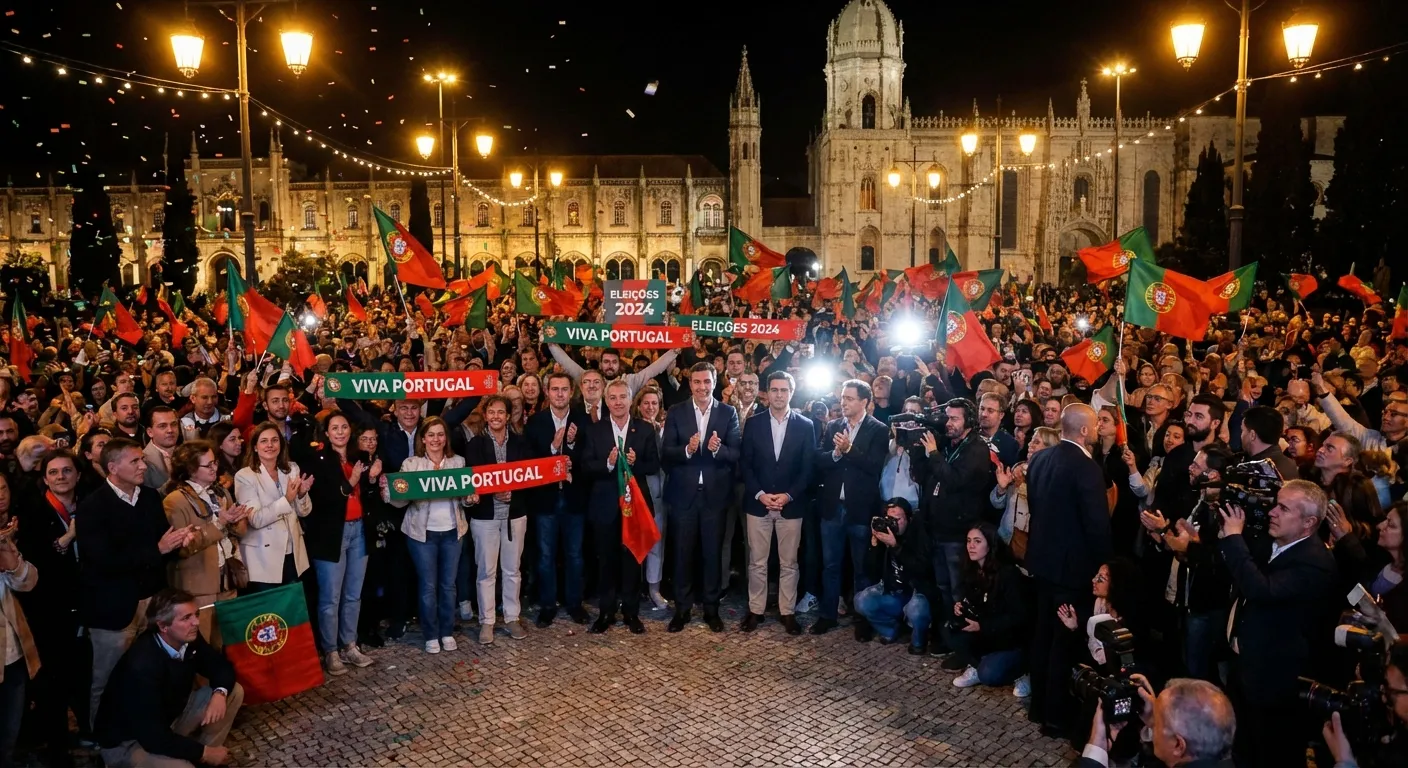 Portuguese flag waving at night with celebration crowds in Lisbon streets