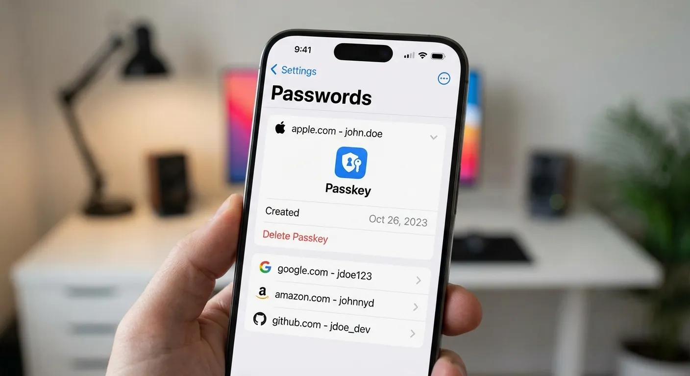iPhone settings screen showing saved passkeys list