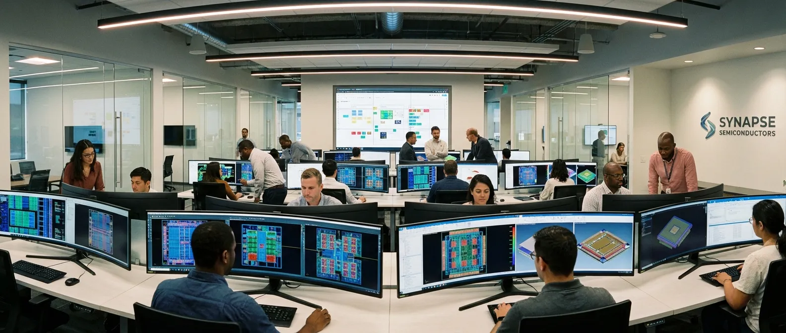 Engineers working at workstations with chip design software displaying complex layouts