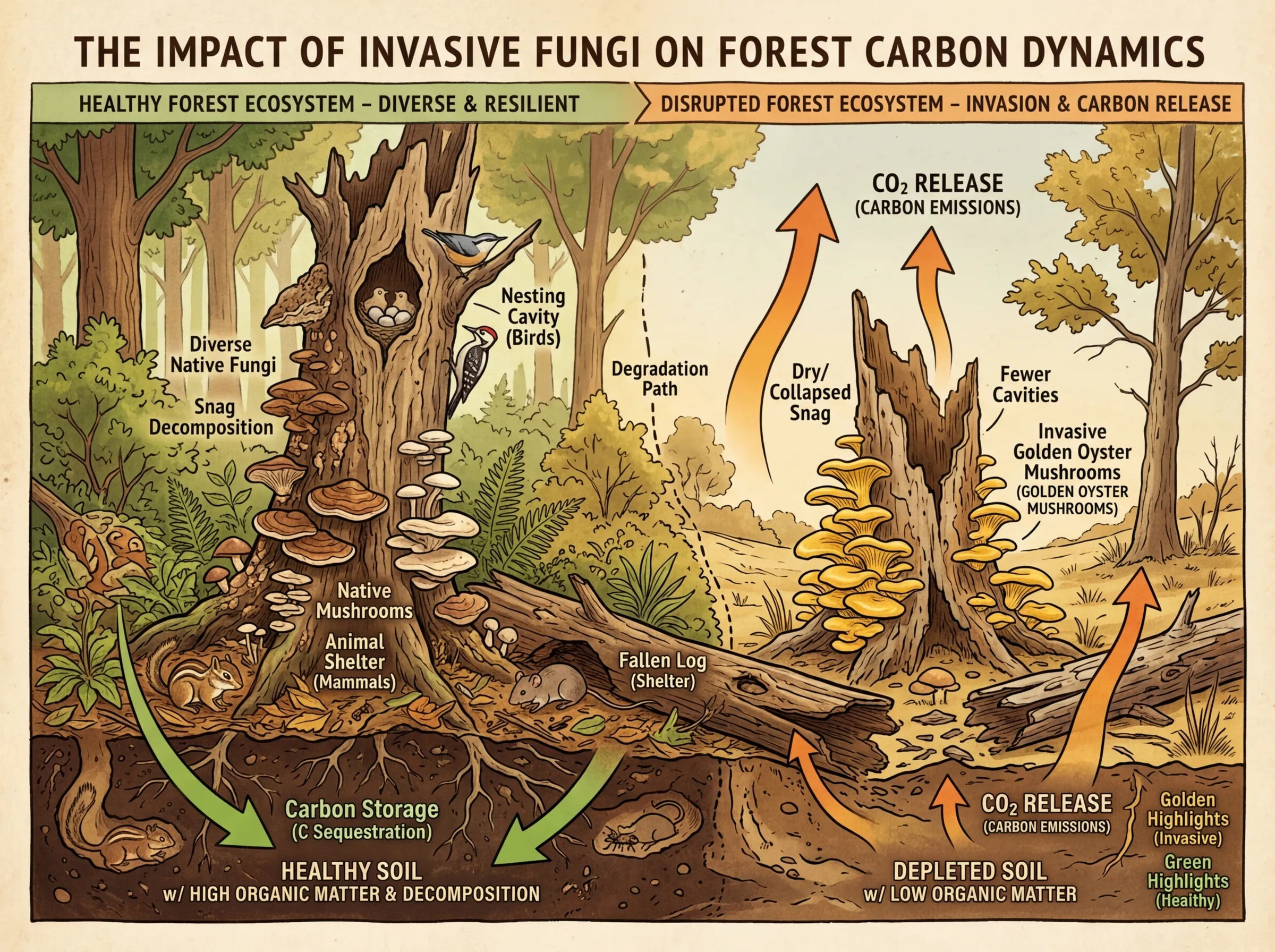 A forest ecosystem diagram showing how native fungal loss cascades through wildlife and carbon cycles