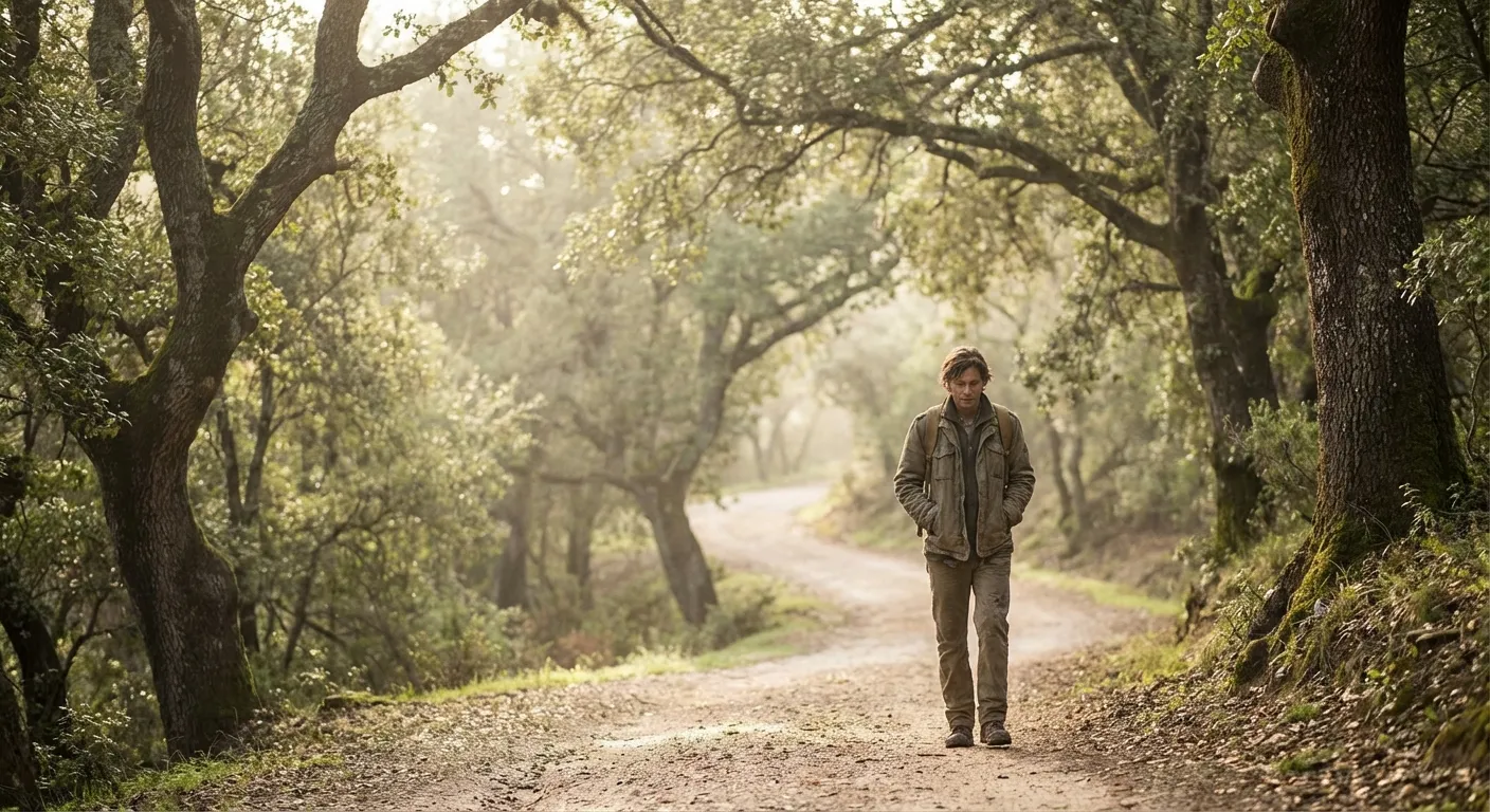Person walking alone on a peaceful path through nature without devices