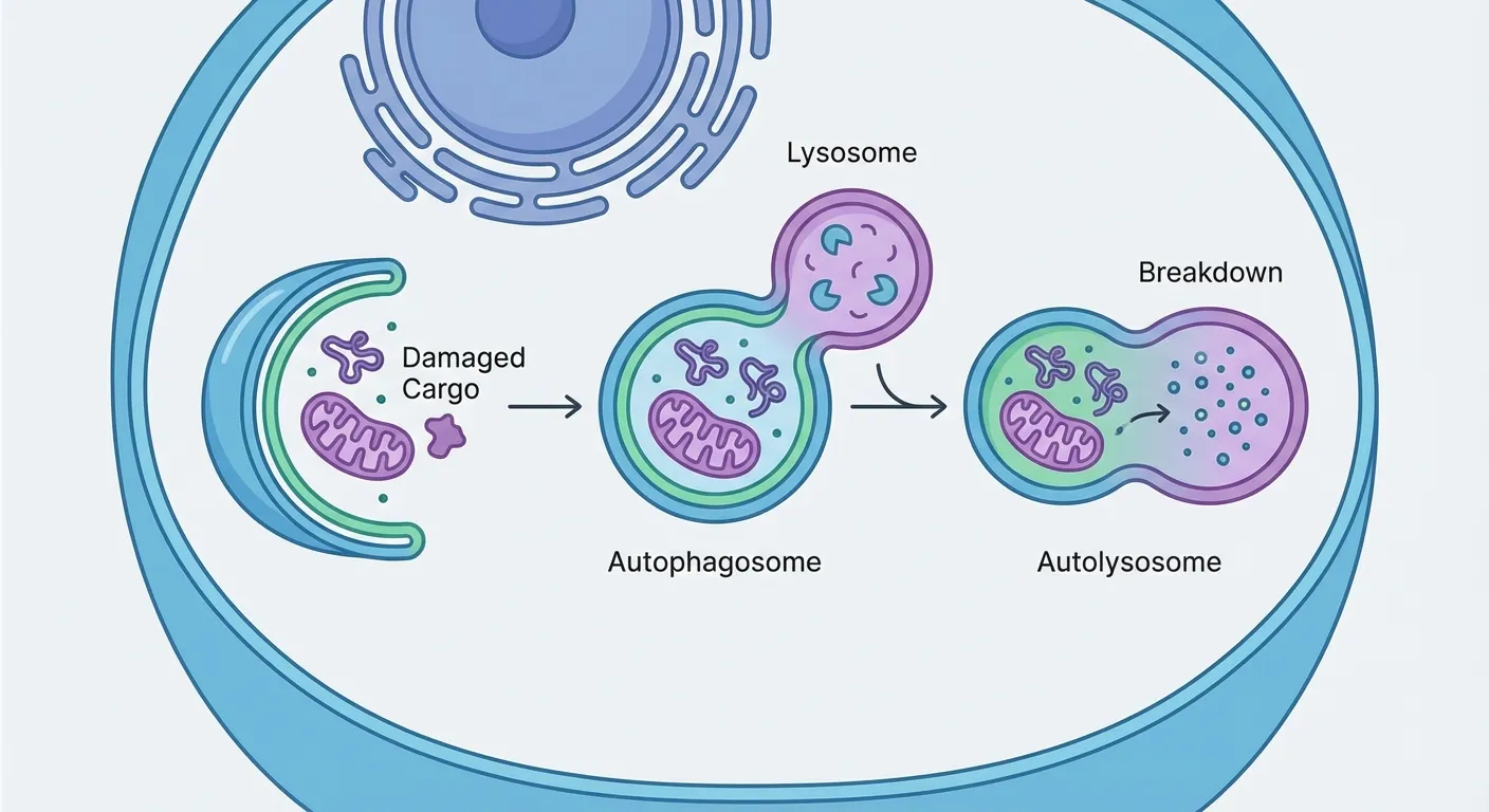 Diagram showing cellular autophagy process with damaged proteins being recycled
