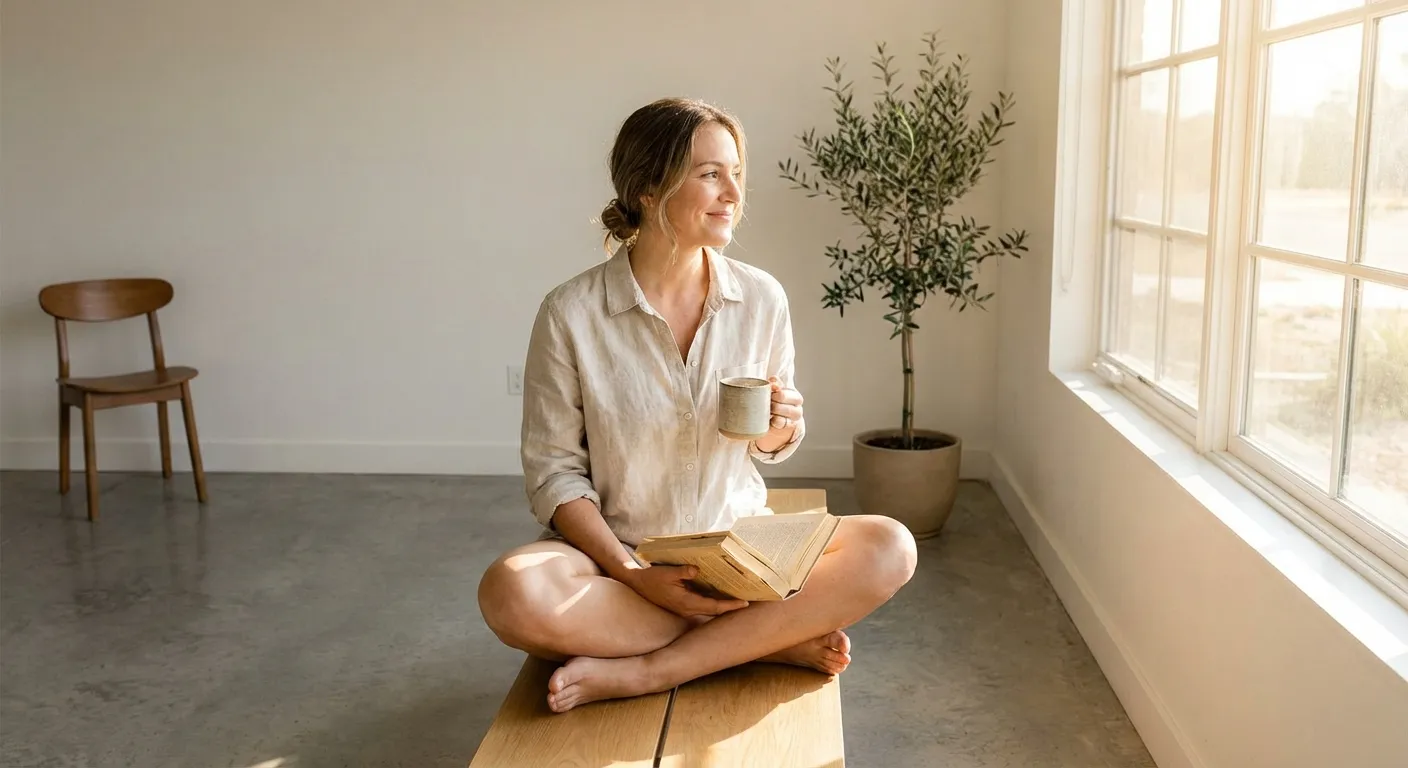 Person sitting peacefully in sunlit room with just one book and coffee
