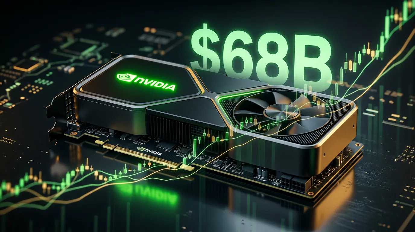 NVIDIA GPU hardware with financial data overlay showing surging revenue growth