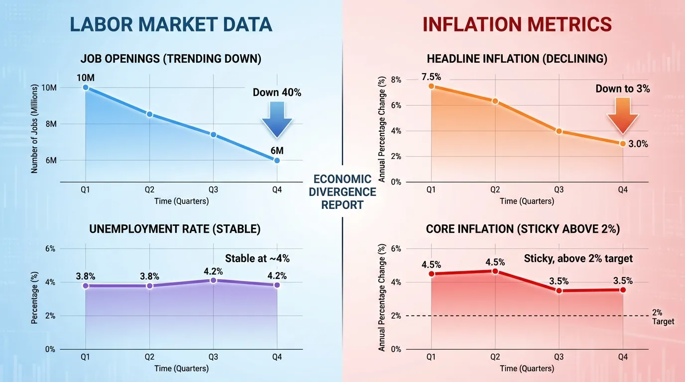 Split screen showing job market data and inflation metrics