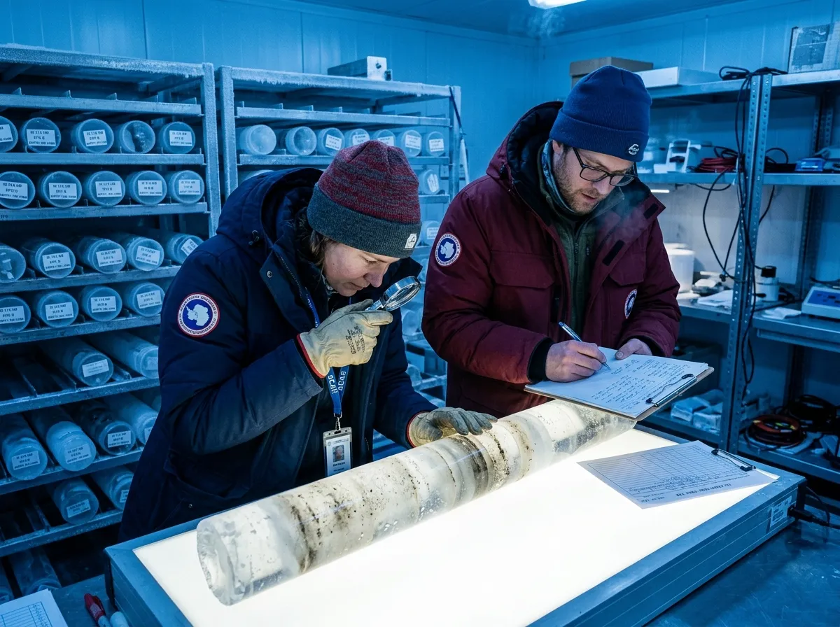 Scientists examining an ice core sample in a cold laboratory setting