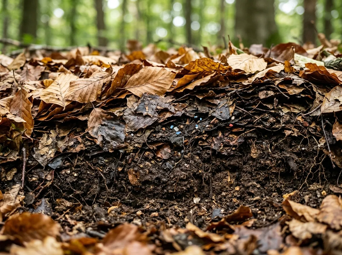 Close-up of forest floor leaf litter with visible layers of decomposing organic matter