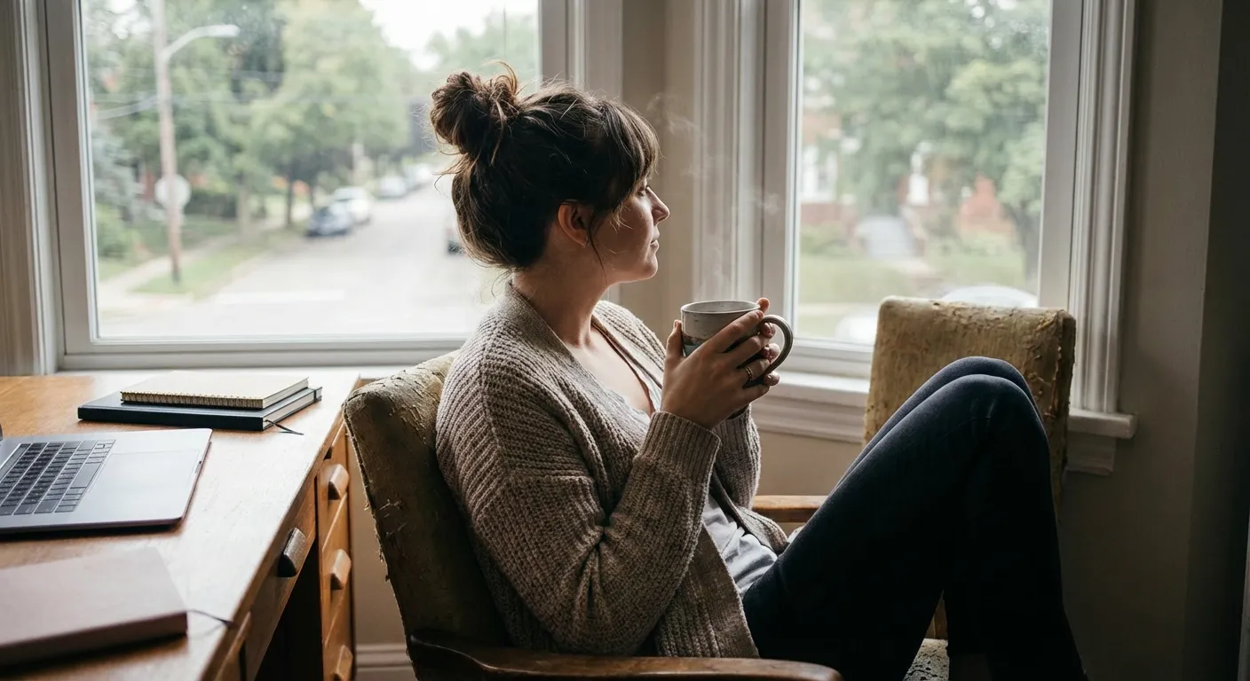 Person taking a mindful break, looking out window with cup of coffee