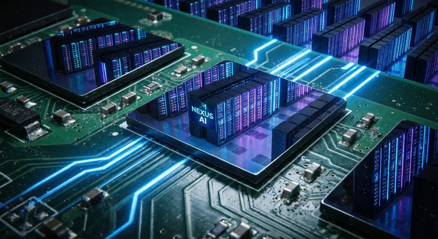 Close-up of memory chips on a circuit board with a glowing data center reflected behind