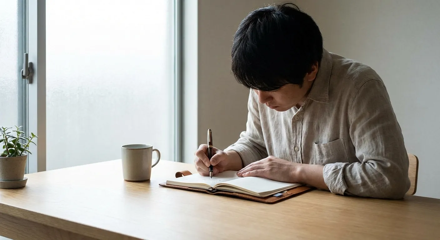 Person working intently at a clean desk with notebook and pen in focused flow