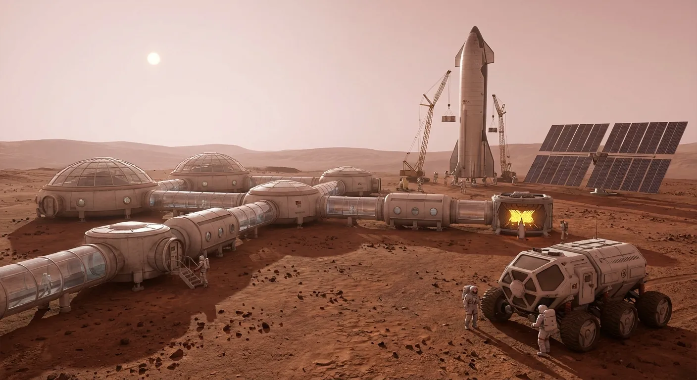 Conceptual Mars base with habitat modules and spacecraft on red terrain
