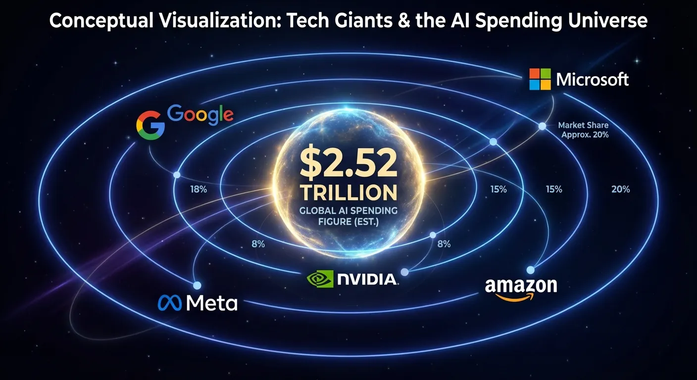 Global technology company logos arranged around a central AI spending visualization