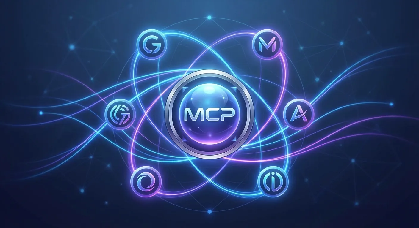 Conceptual image of various AI and technology company logos connected through central hub