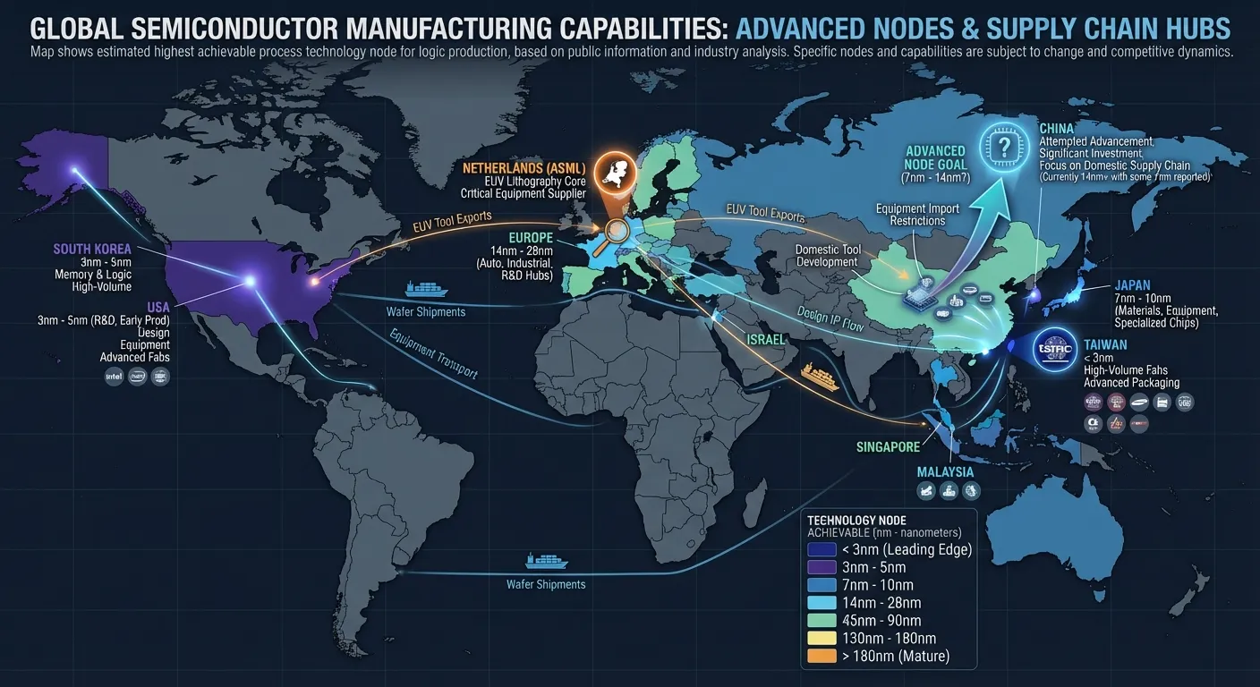 World map showing semiconductor manufacturing capability by region with technology nodes indicated