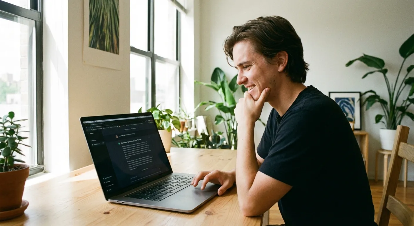 Person using ChatGPT on laptop with thoughtful expression