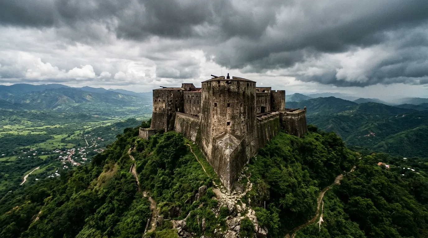 The Citadelle Laferriere fortress perched on a green mountaintop in northern Haiti under grey storm clouds