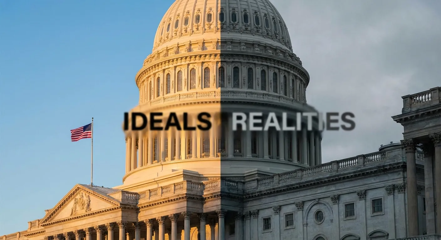 Split view of the US Capitol building with one side in bright democratic light and the other in shadow